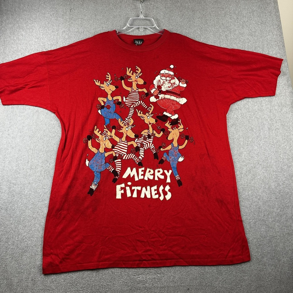 Vintage Merry Fitness Shirt Mens Extra Large Red Santa Reindeer Made USA 90s